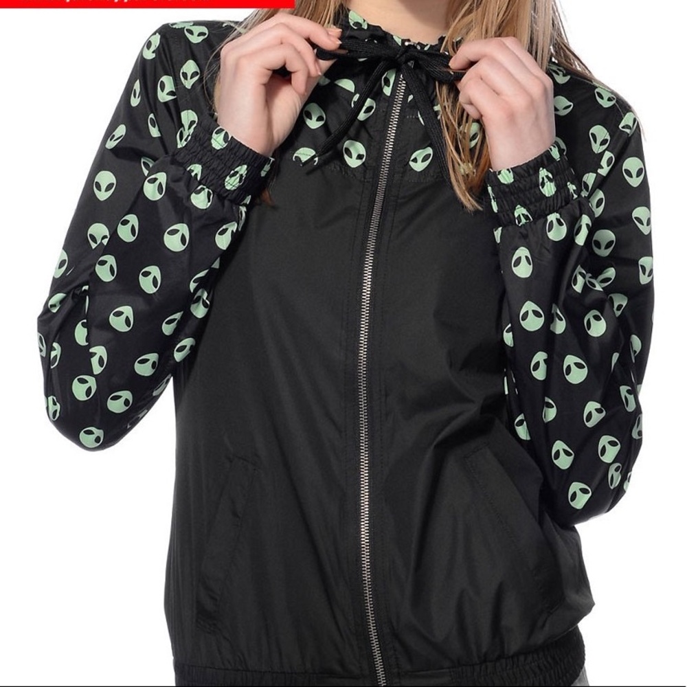 A.LAB  Womens Black & Green Alien Printed Windbreaker Jacket